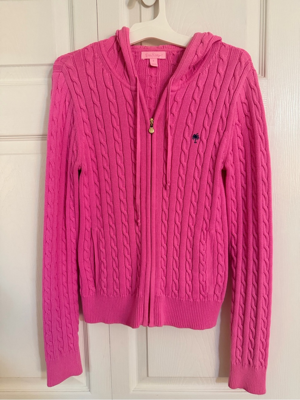 Lilly Pulitzer Cable Knit Zip-Up Hoodie Sweater - Hot Pink